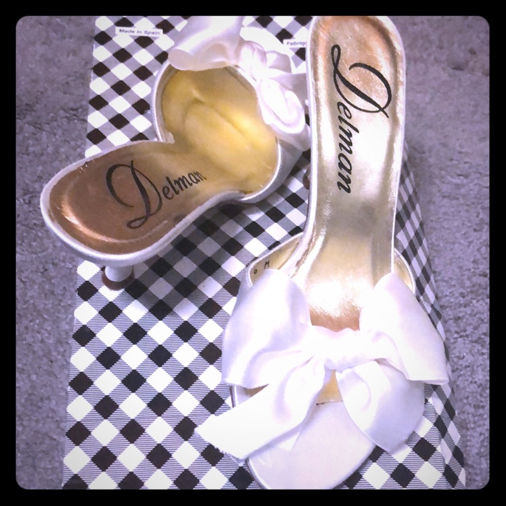 White satin Delman bridal slides, worn once